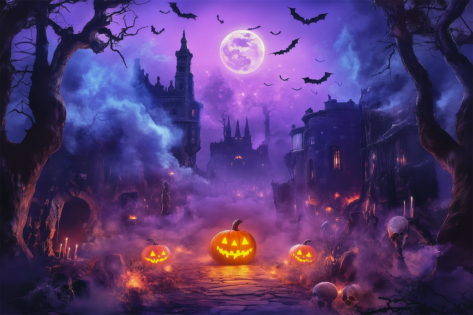 Halloween Backdrop Outdoor Purple Moon Pumpkin Castle Photo Backdrop Halloween UK RR67-71