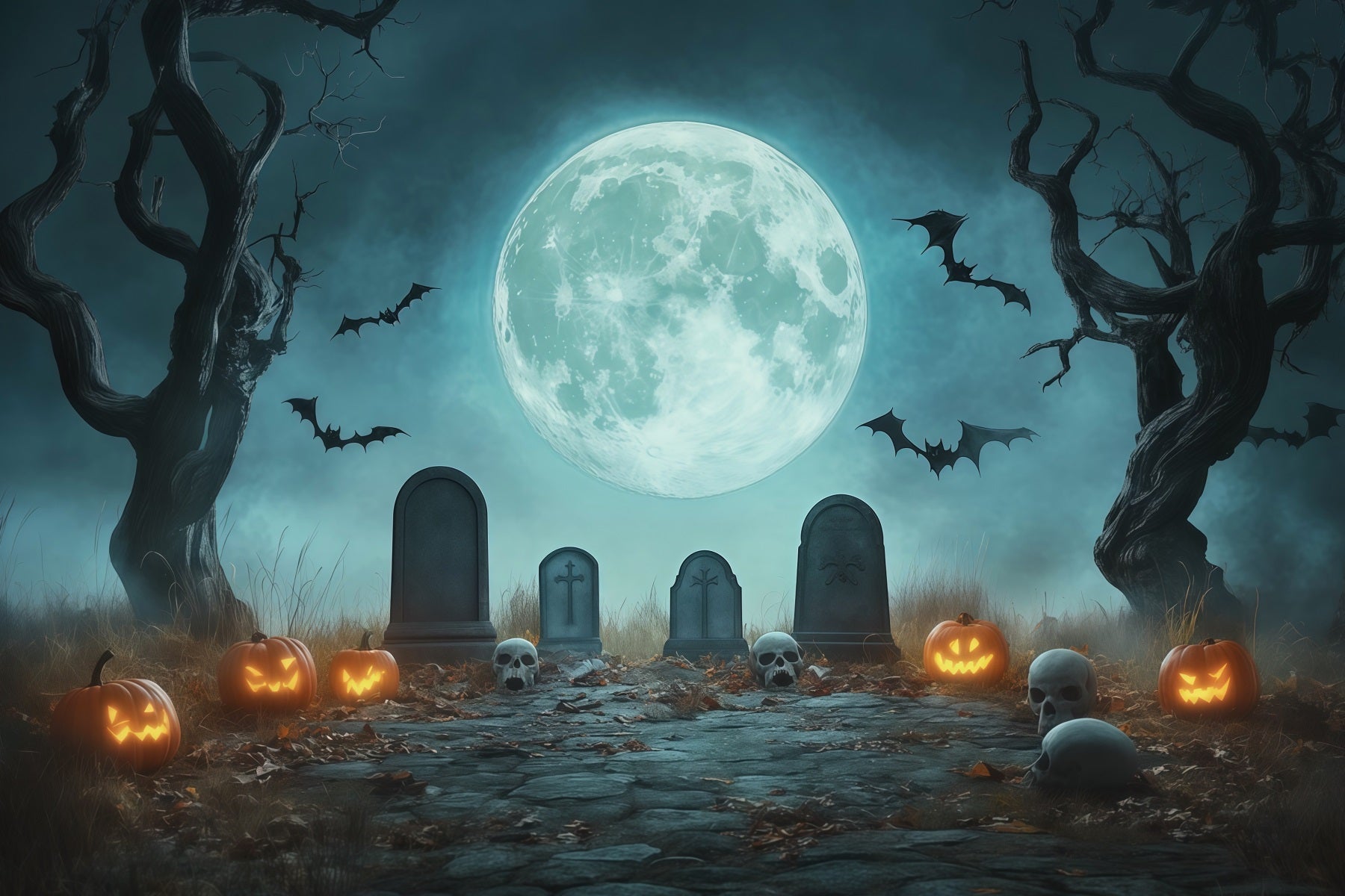 Halloween Graveyard Backdrops Moonlit Pumpkin Cemetery Path Photo Booth Halloween Backdrop UK RR67-72