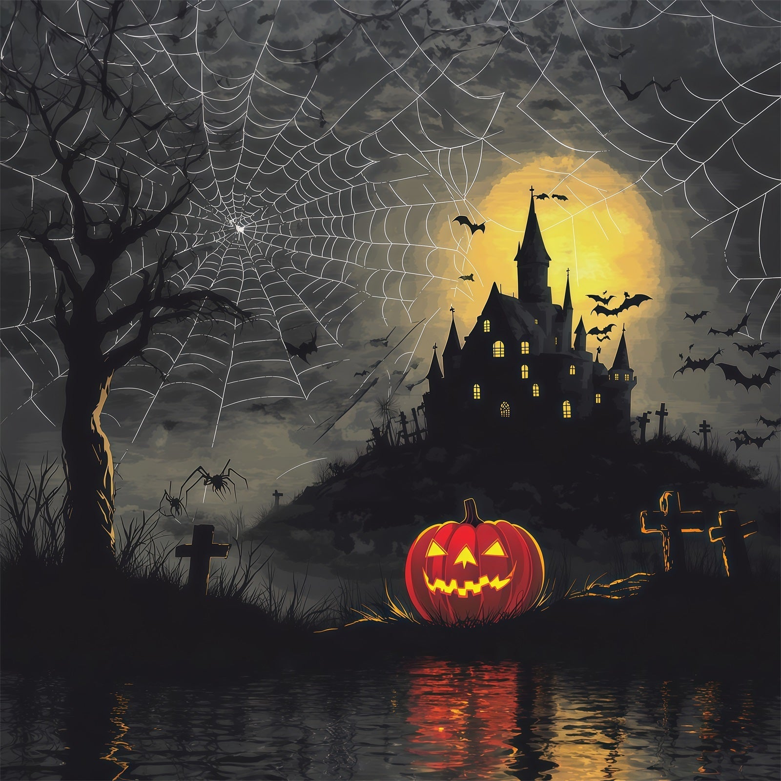 Halloween Spooky Backdrop Spiderweb Castle Pumpkin Night Spooky Halloween Backdrops UK RR67-74