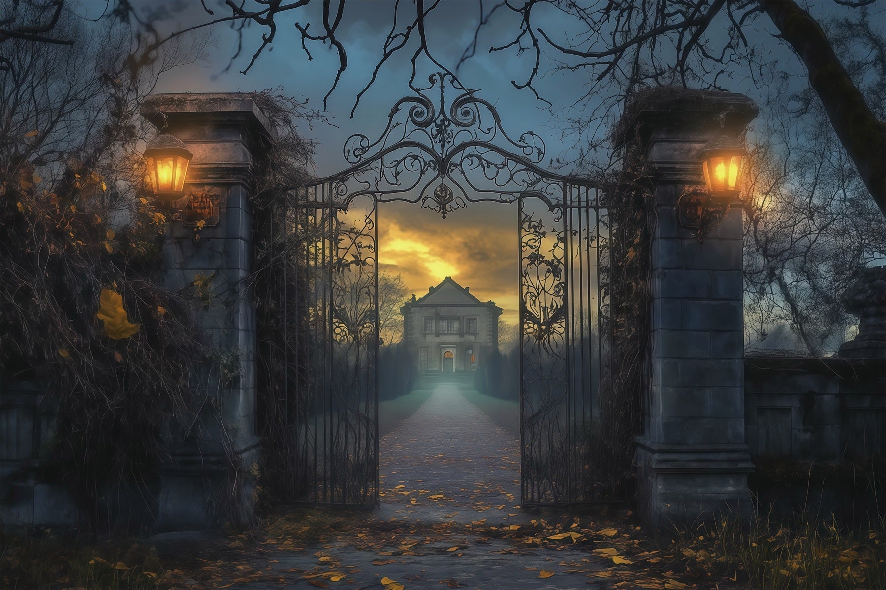 Halloween House Backdrop Foggy Mansion Iron Gate Halloween Cemetery Backdrop UK RR67-77