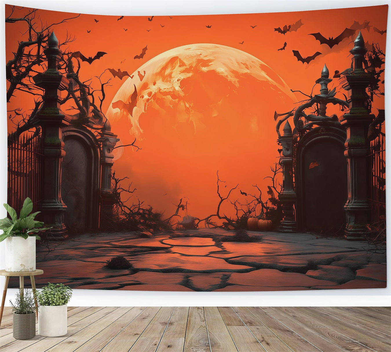 Halloween Moon Backdrop Orange Moon Cemetery Gate Halloween Photo Backdrops UK RR67-8