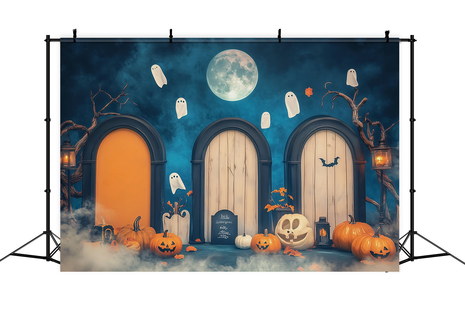 Halloween Arch Backdrop Moonlit Ghost Doorway Pumpkins Large Halloween Backdrops UK RR67-83