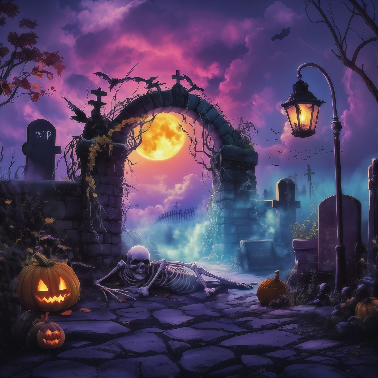 Outdoor Halloween Backdrop Moonlit Graveyard Arch Skeleton Spooky Halloween Backdrop UK RR67-9