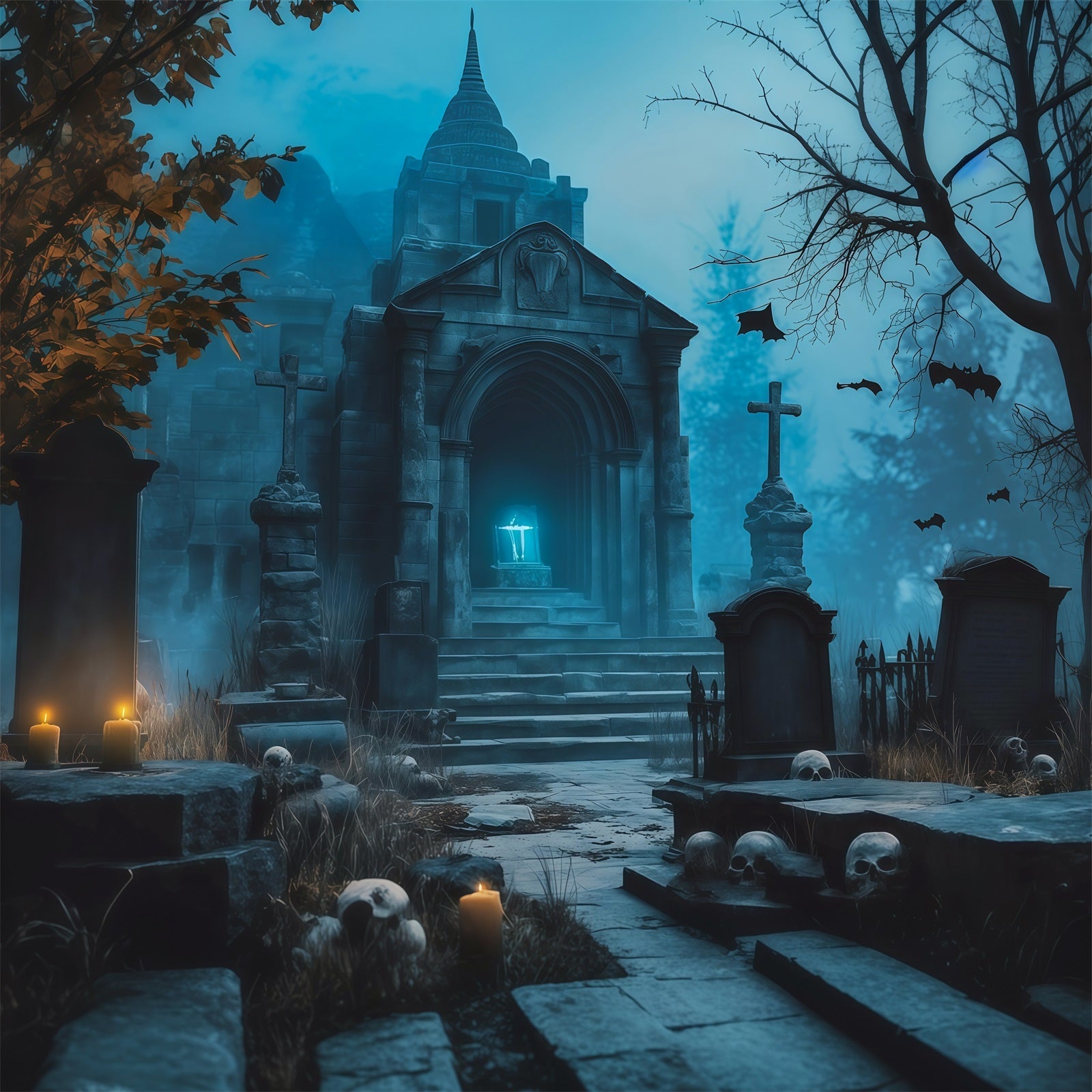 Halloween Cloth Backdrop Blue Crypt Candle Tombs Graveyard Halloween Backdrops UK RR67-93