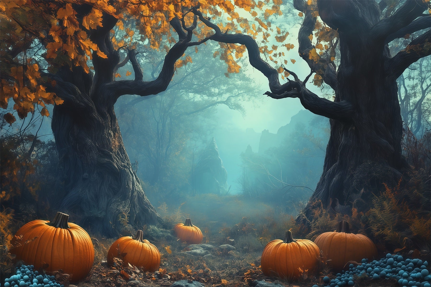 Halloween Party Photo Backdrop Ideas Misty Pumpkin Forest Path Creepy Halloween Backdrop UK RR67-95