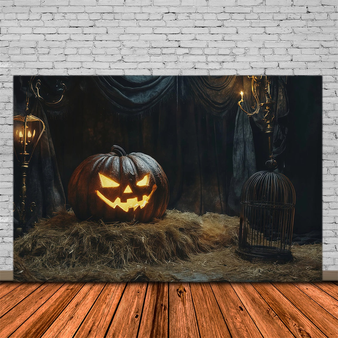 Halloween Scene Backdrop Glowing Pumpkin Hay Display Backdrop For Halloween UK RR67-96
