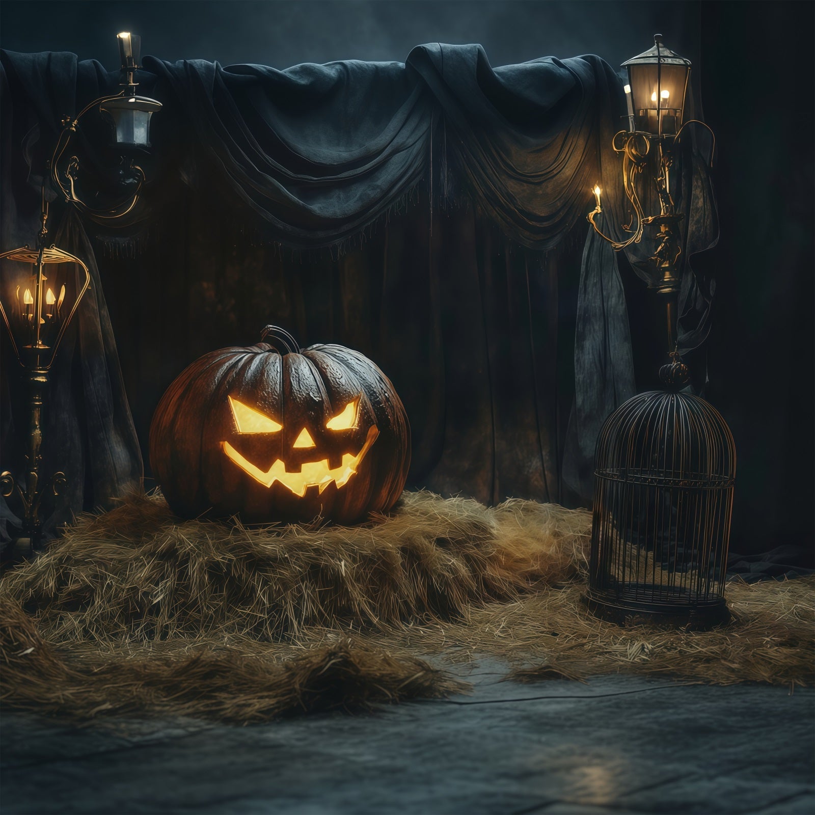 Halloween Scene Backdrop Glowing Pumpkin Hay Display Backdrop For Halloween UK RR67-96