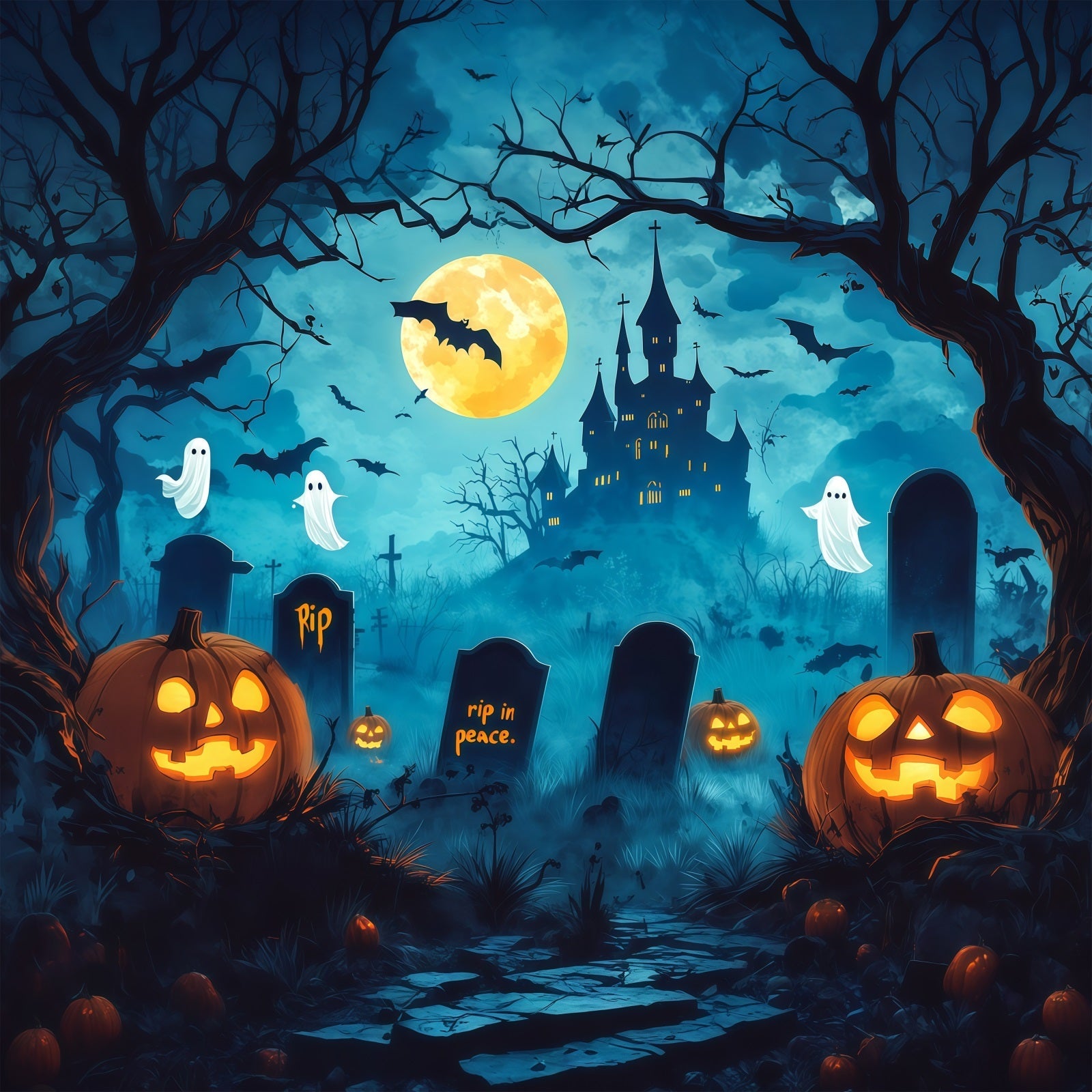 Scary Halloween Photo Backdrops Cartoon Castle Ghost Graveyard Happy Halloween Backdrop UK RR67-97