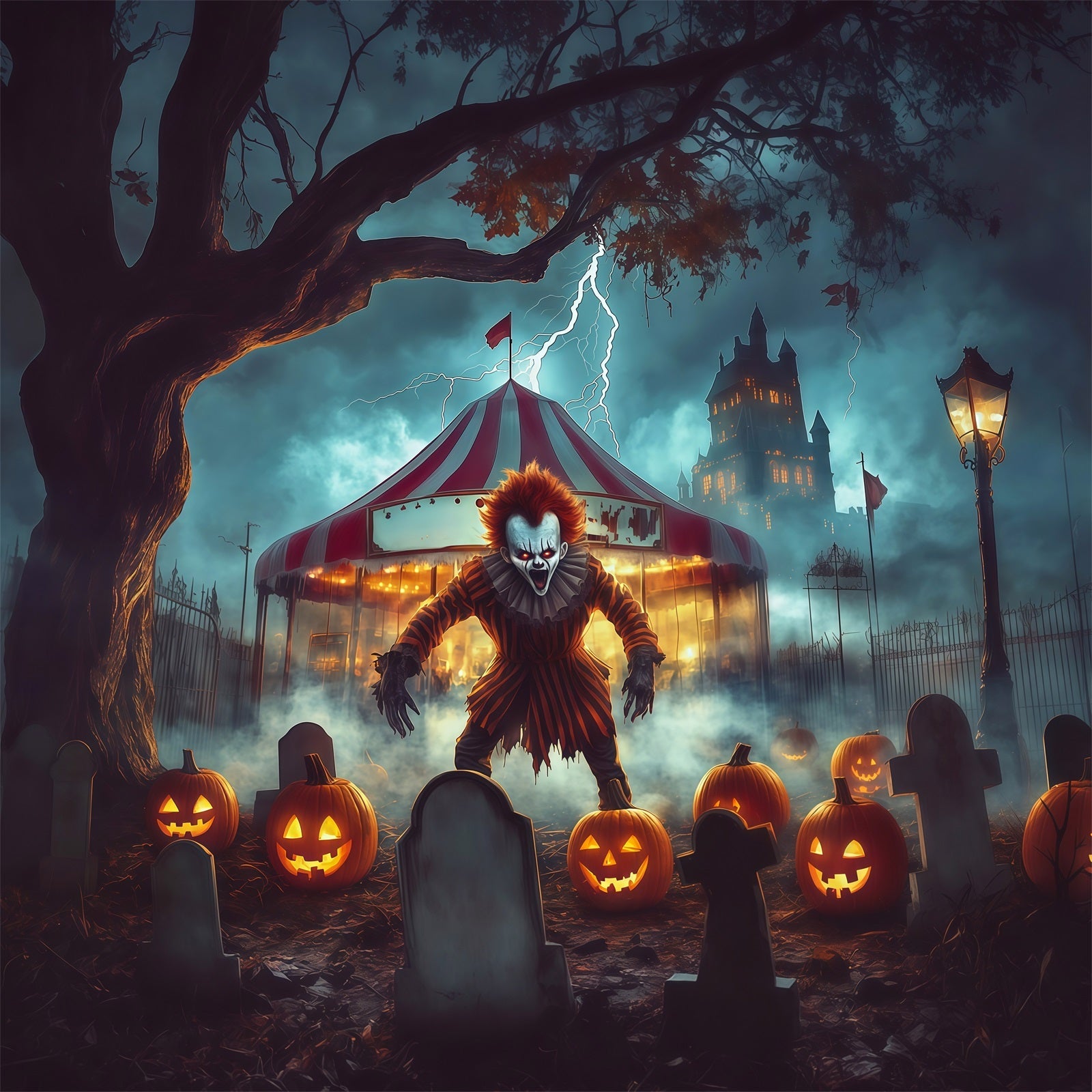 Halloween Clown Backdrop Creepy Circus Graveyard Pumpkin Halloween Fabric Backdrop UK RR67-99