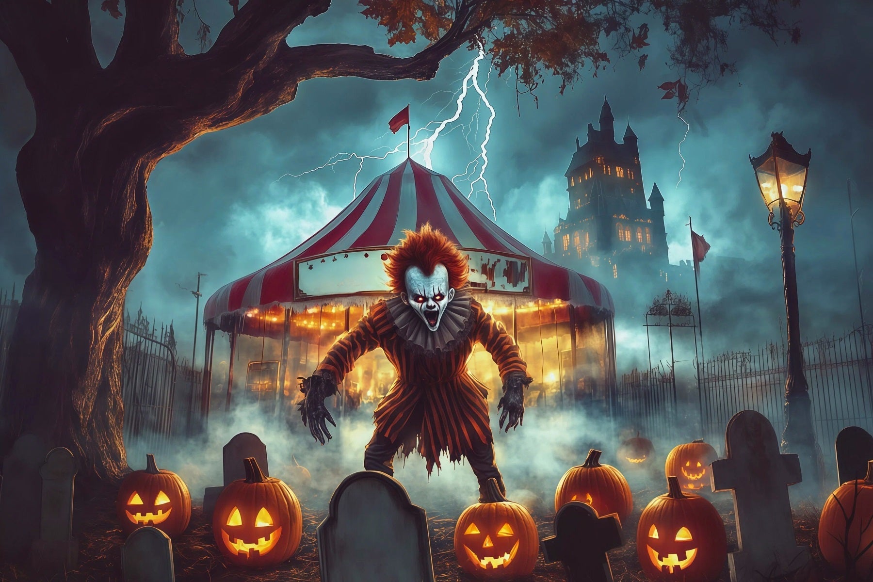 Halloween Clown Backdrop Creepy Circus Graveyard Pumpkin Halloween Fabric Backdrop UK RR67-99