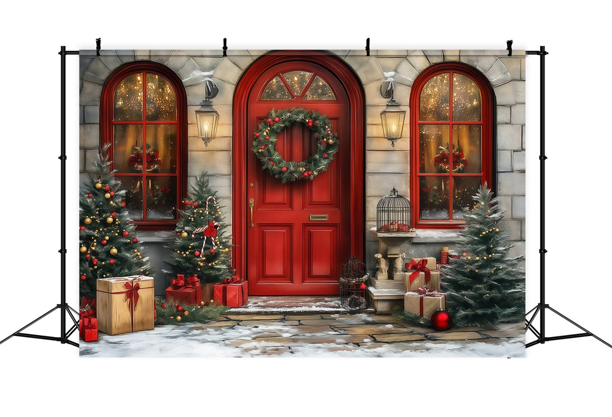 Christmas Door Backdrop Red Door Wreath Entrance Christmas Photo Backdrops UK RR68-64