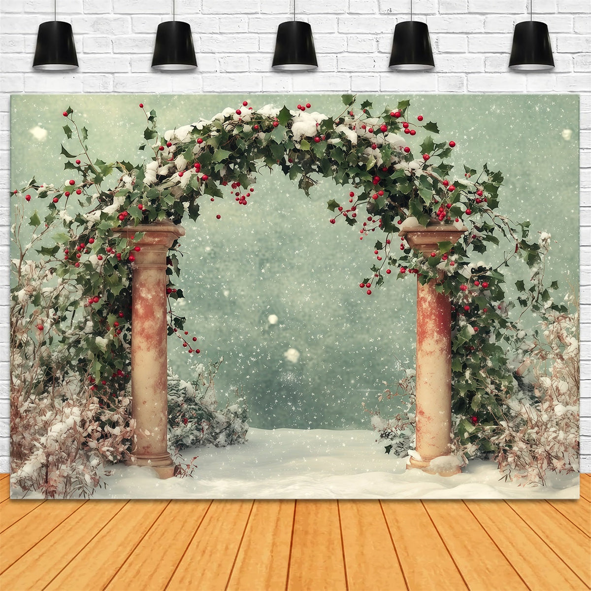 Snowy Christmas Backdrop Winter Snow Holly Archway Backdrop Christmas UK RR68-65