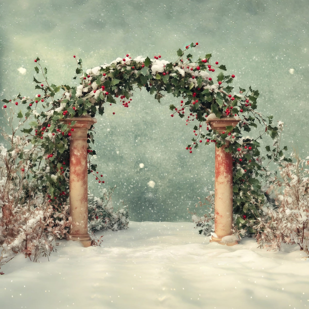 Snowy Christmas Backdrop Winter Snow Holly Archway Backdrop Christmas UK RR68-65