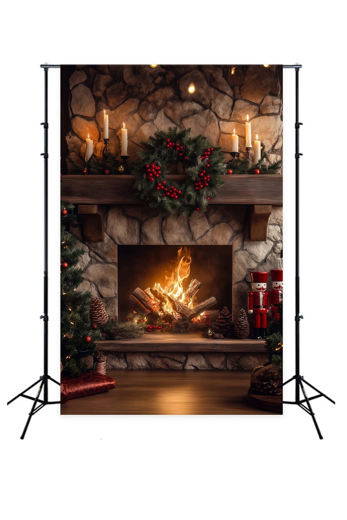 Christmas Fireplace Backdrops Stone Garland Glow Christmas Photography Backdrop UK RR68-66