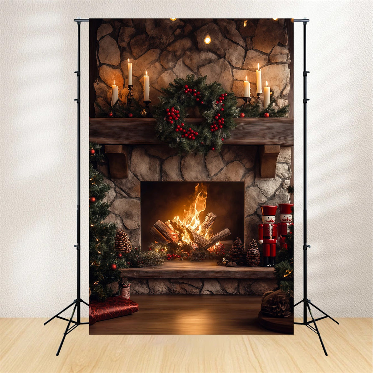 Christmas Fireplace Backdrops Stone Garland Glow Christmas Photography Backdrop UK RR68-66