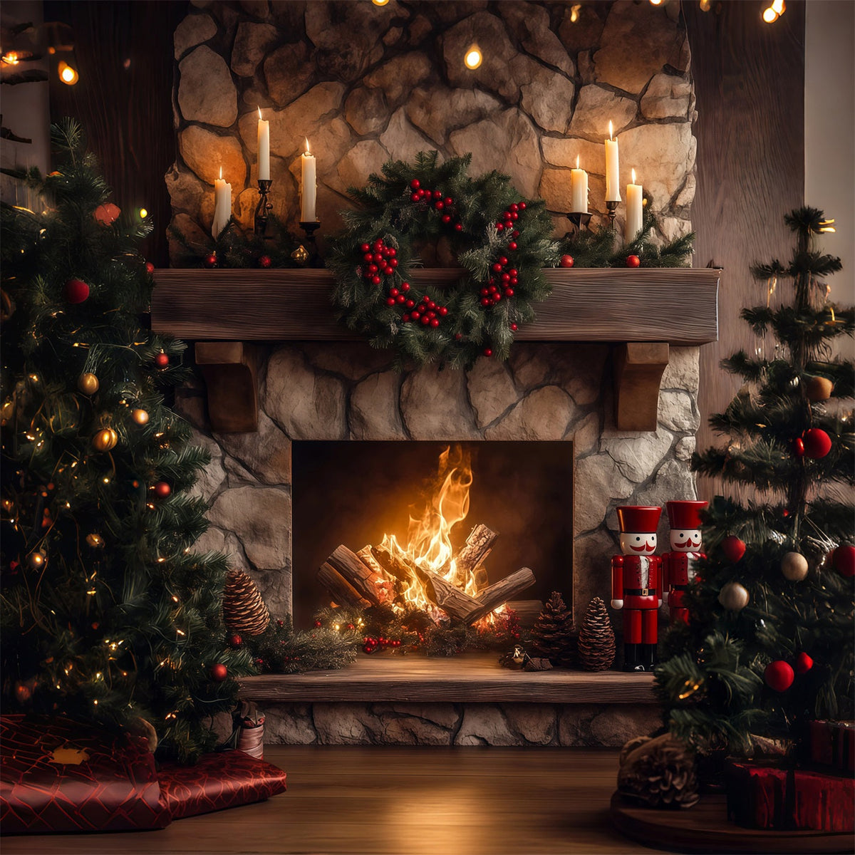 Christmas Fireplace Backdrops Stone Garland Glow Christmas Photography Backdrop UK RR68-66