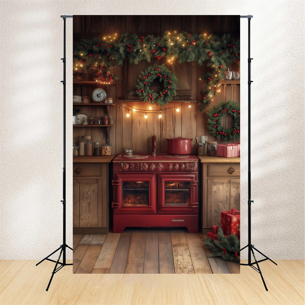Christmas Kitchen Backdrop Evergreen Garland Decor Christmas Photography Backdrops UK RR68-68