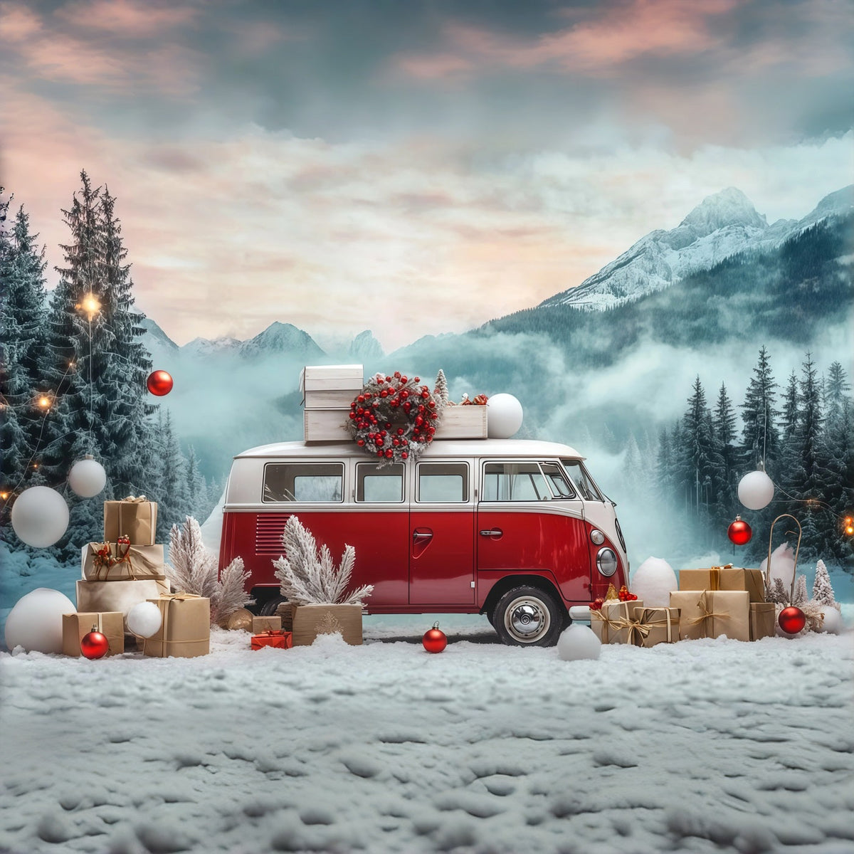 Christmas Truck Backdrop Snowy Vintage Camper Large Christmas Backdrop UK RR68-73