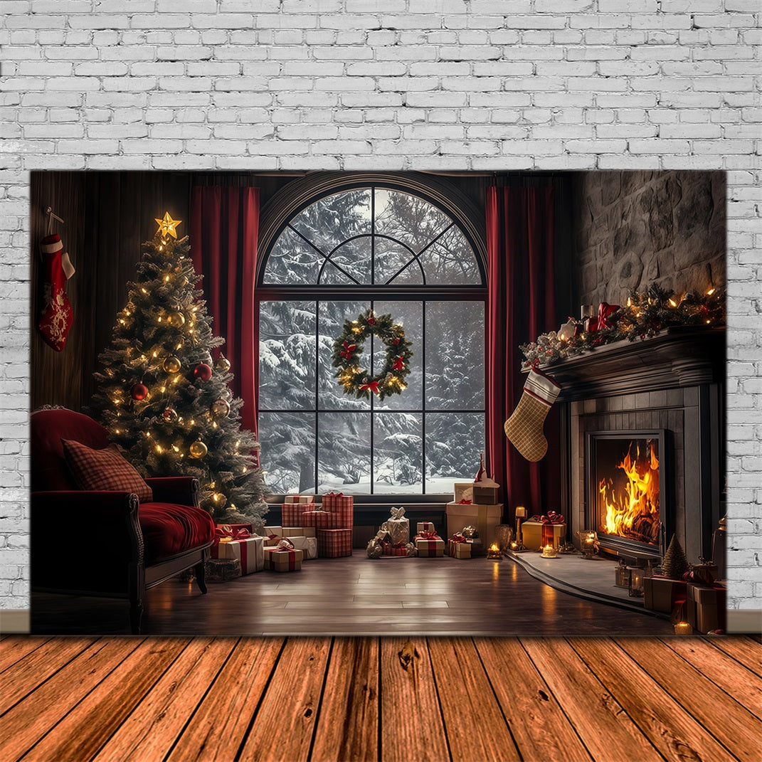 Christmas Window Backdrop Elegant Winter Livingroom Photography Christmas Backdrop UK RR68-75