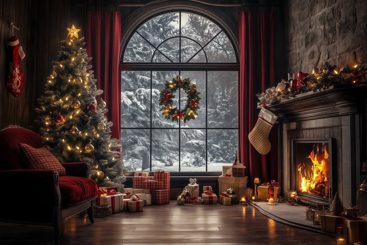Christmas Window Backdrop Elegant Winter Livingroom Photography Christmas Backdrop UK RR68-75