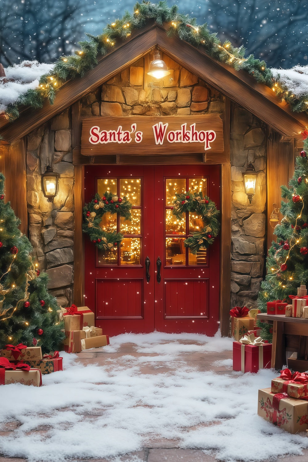 Christmas Shop Backdrop Santa Workshop Entrance Photography Backdrops Christmas UK RR68-76