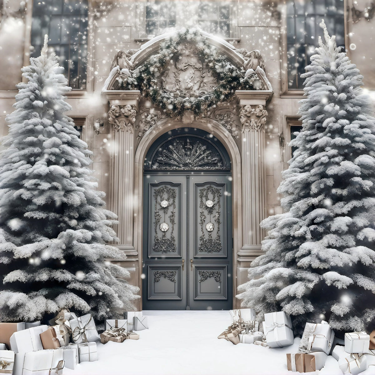Elegant Christmas Backdrop Snowy Mansion Doorway Photo Backdrops Christmas UK RR68-77