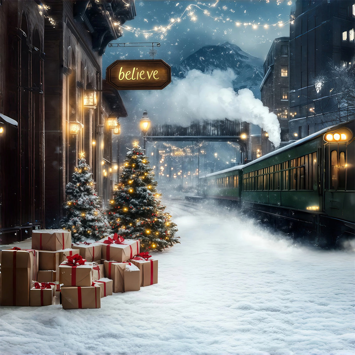 Winter Christmas Backdrop Mountain Train Station Christmas Backdrop Ideas UK RR68-78