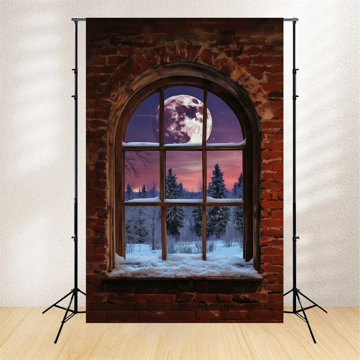 Christmas Village Mountain Backdrop Moonlit Brick Window Indoor Christmas Backdrop UK RR68-81