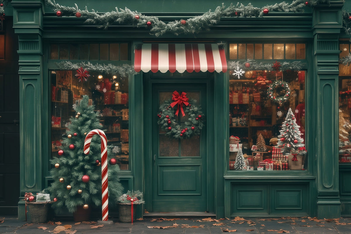 Christmas Shop Backdrop Green Storefront Decor Photo Christmas Backdrop UK RR68-83