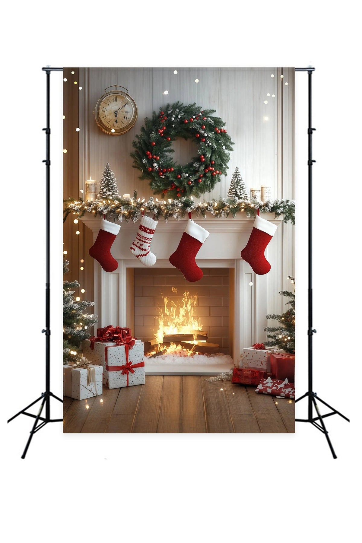 White Christmas Backdrop Cozy Fireplace Stockings Photo Christmas Backdrops UK RR68-84