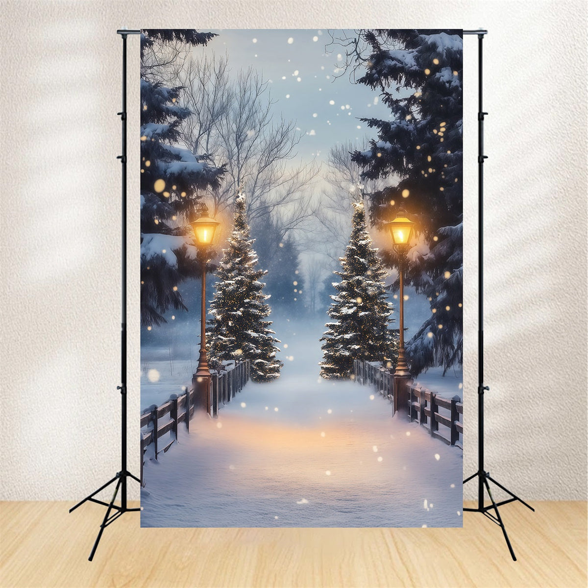 Christmas Forest Backdrop Snowy Pine Lantern Bridge Studio Christmas Backdrop UK RR68-86