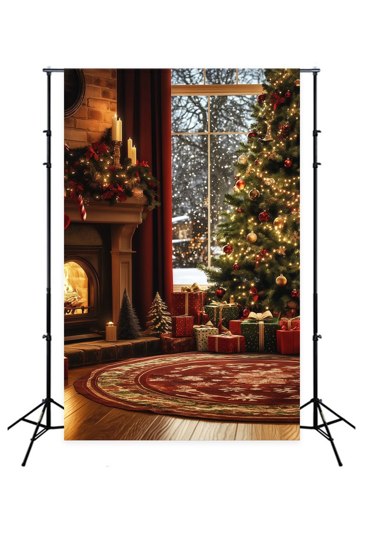 Cozy Christmas Backdrop Window Fireplace Tree Corner Studio Christmas Backdrops UK RR68-87