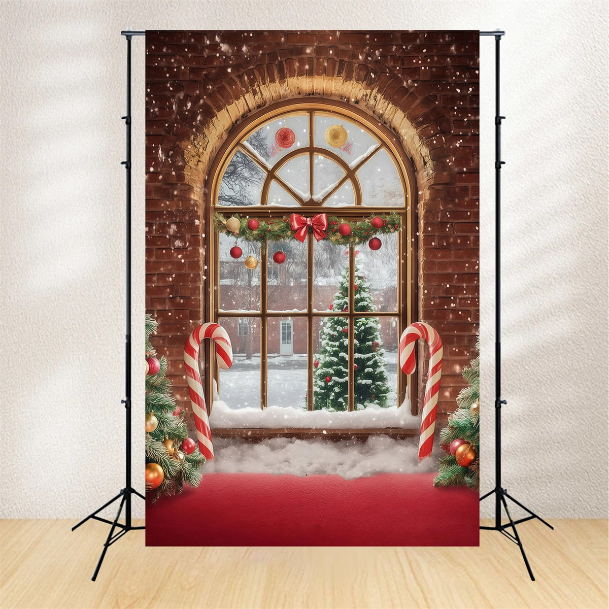 Christmas Window Backdrop Brick Candy Canes Tree Wall Christmas Backdrop UK RR68-88