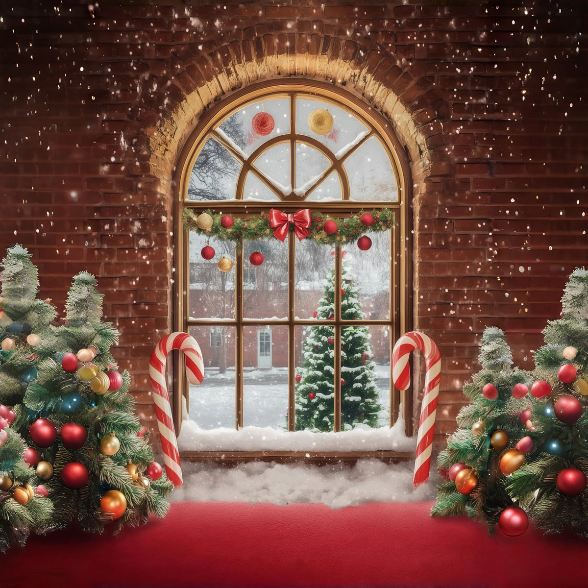 Christmas Window Backdrop Brick Candy Canes Tree Wall Christmas Backdrop UK RR68-88