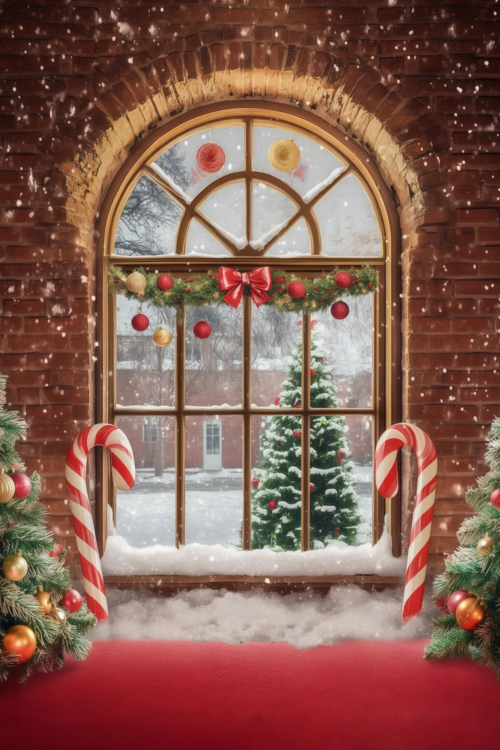 Christmas Window Backdrop Brick Candy Canes Tree Wall Christmas Backdrop UK RR68-88
