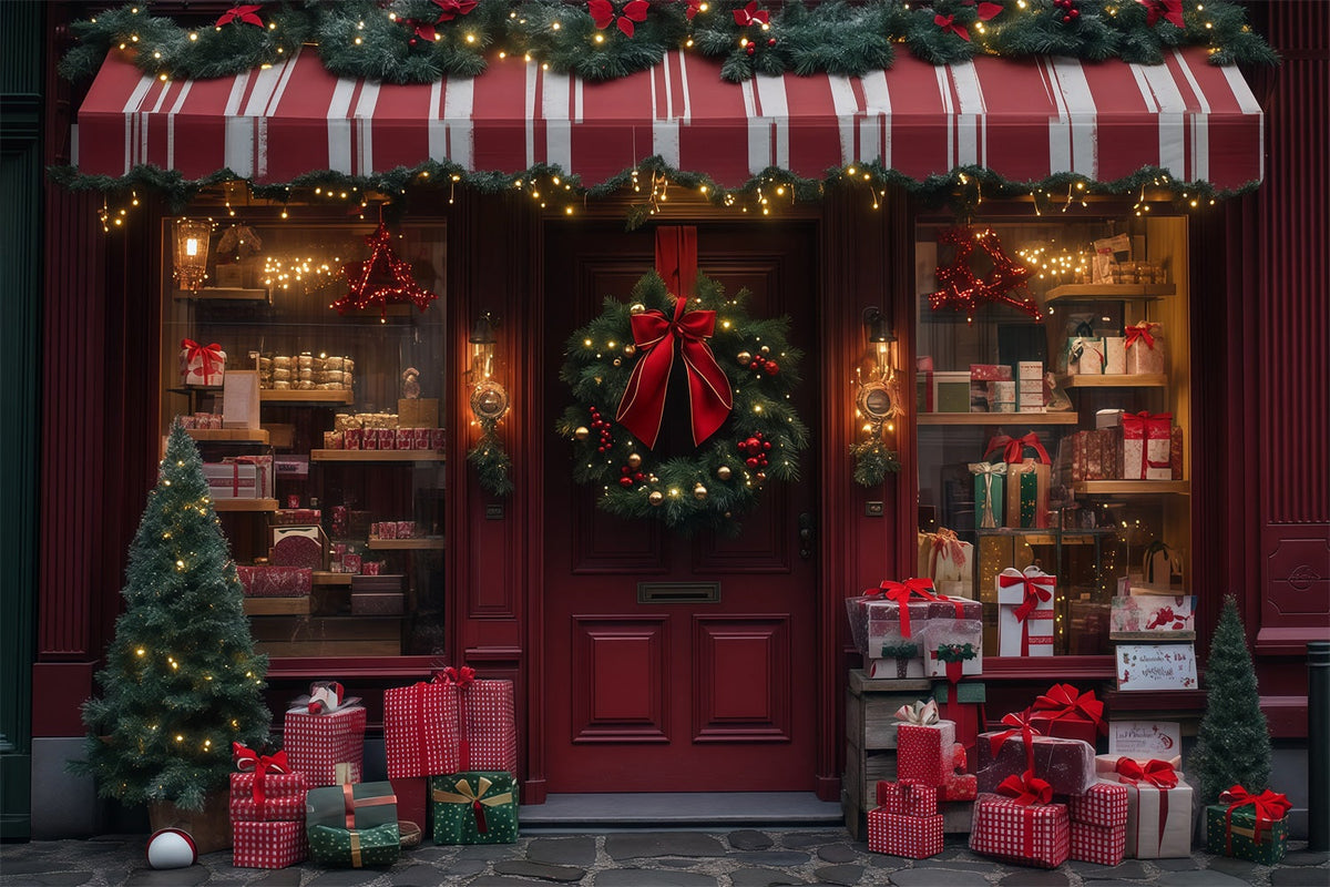 Christmas Store Backdrop Red Wreath Gift Shopfront Christmas Muslin Backdrop UK RR68-89