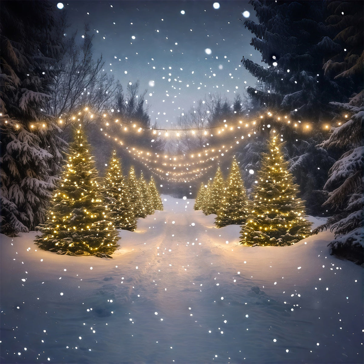 Christmas Wonderland Backdrop Snowy Forest Light Path Indoor Christmas Backdrops UK RR68-91