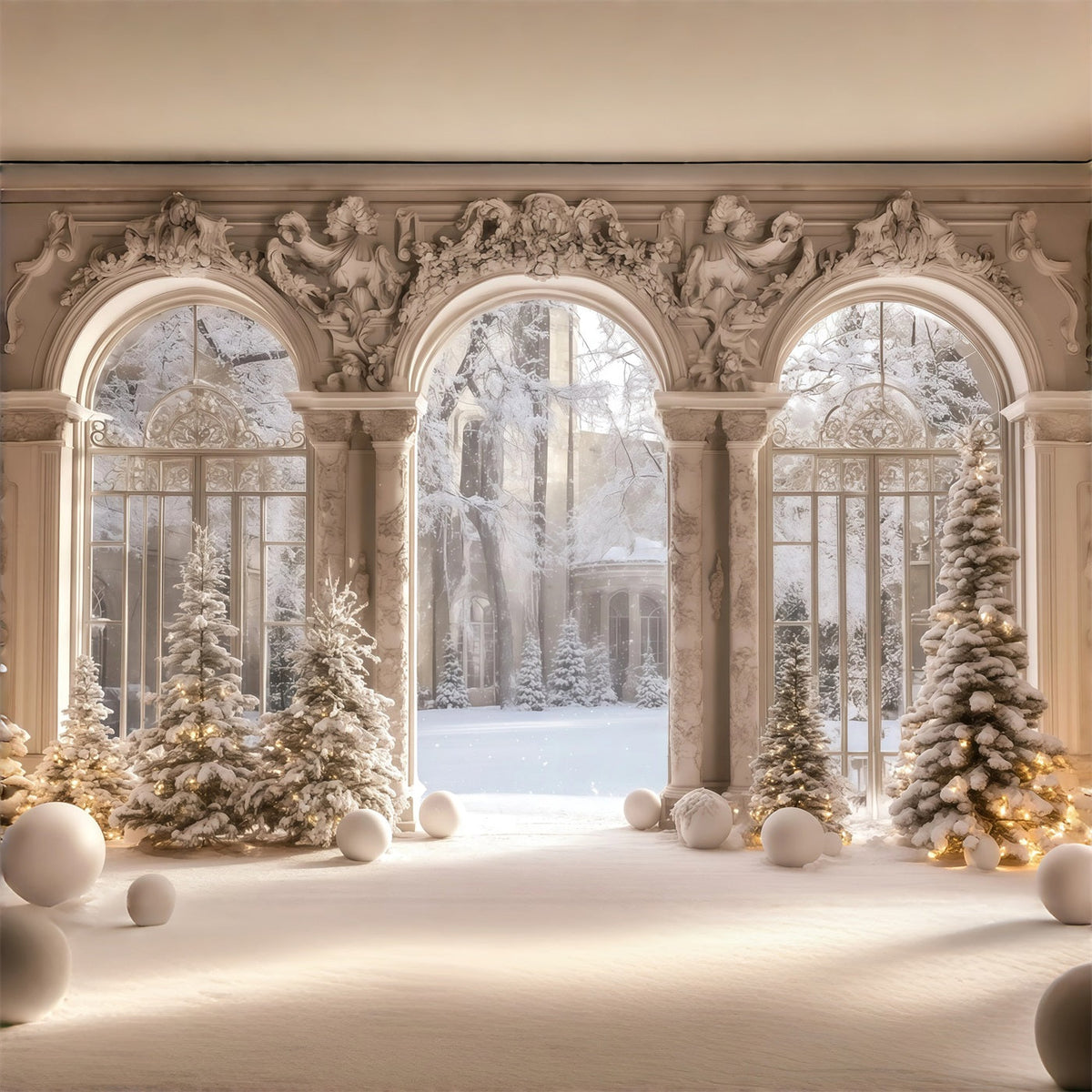 Victorian Christmas Backdrop Snowy Palace Window View Muslin Backdrop Christmas UK RR68-95
