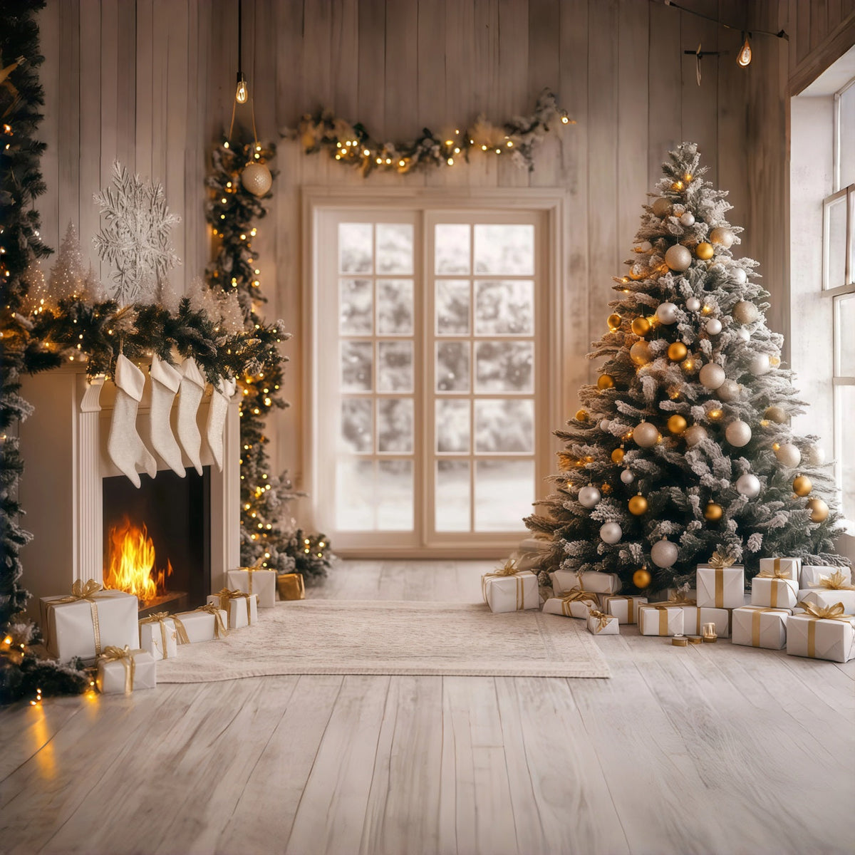 Modern Christmas Backdrop White Gold Hearth Glow Photographic Backdrops Christmas UK RR68-96