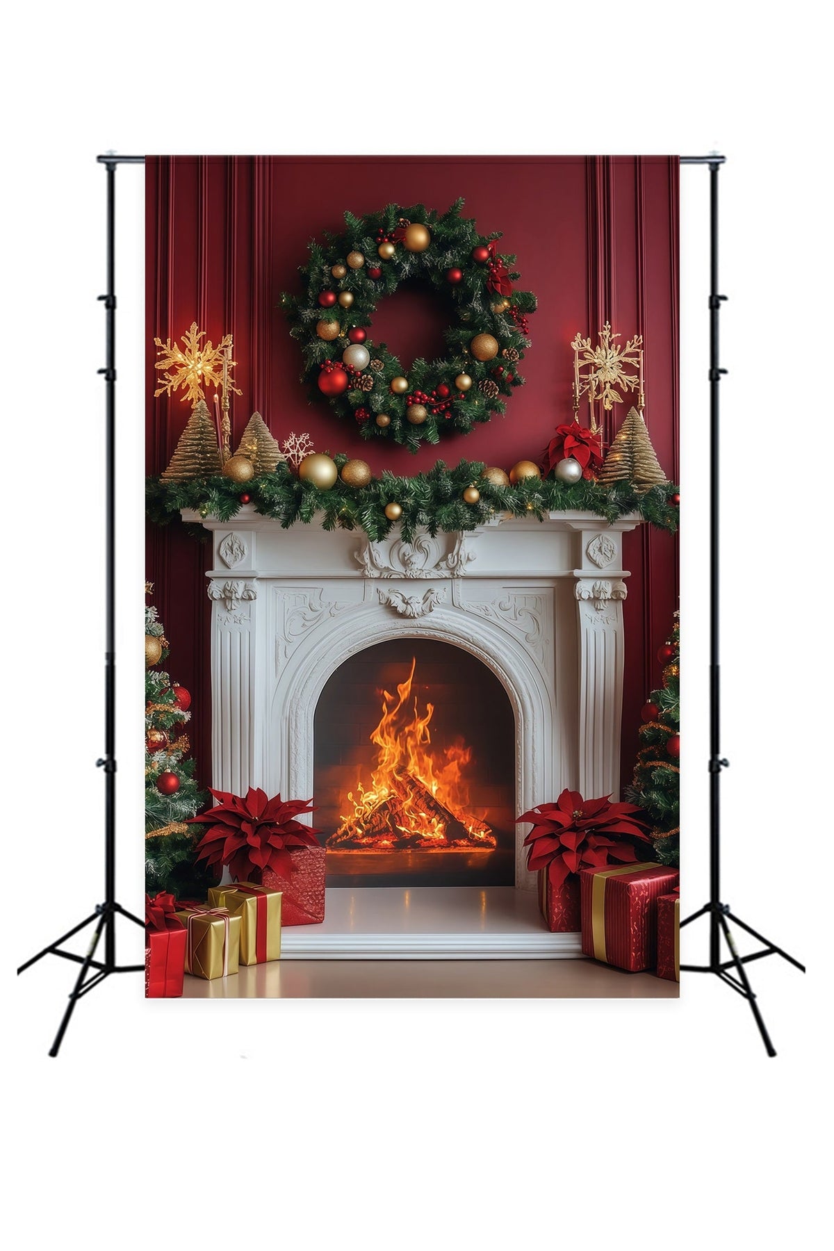 Fireplace Backdrop Christmas Elegant Crimson Wreath Mantel Christmas Backdrops UK RR68-99