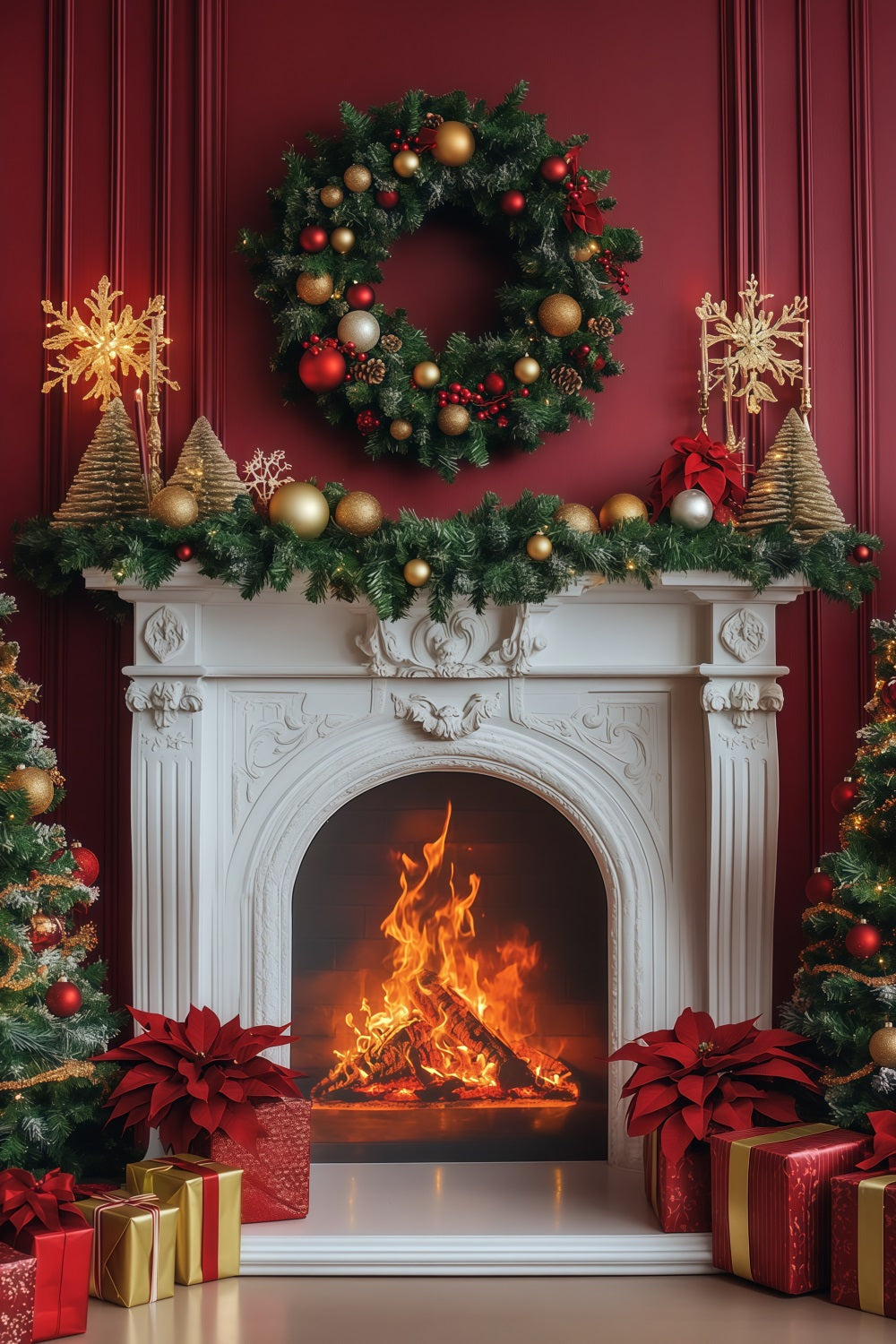Fireplace Backdrop Christmas Elegant Crimson Wreath Mantel Christmas Backdrops UK RR68-99