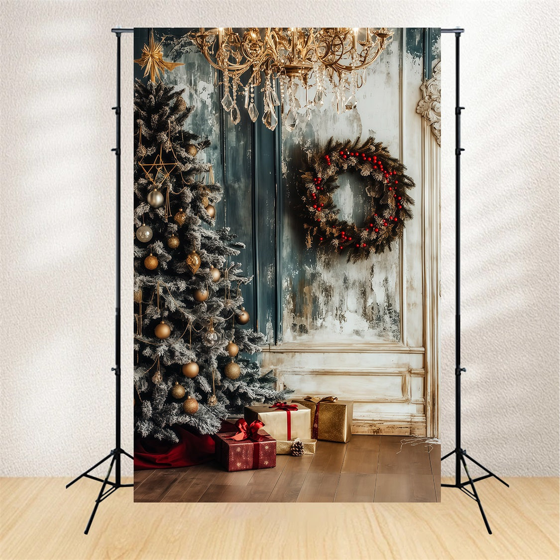 Christmas Wood Backdrop Frosted Chandelier Wreath Corner Christmas Photo Backdrops UK RR69-1