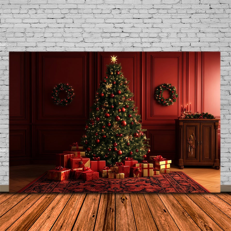 Red Christmas Backdrop Glowing Tree Gift Room Large Christmas Backdrop UK RR69-10