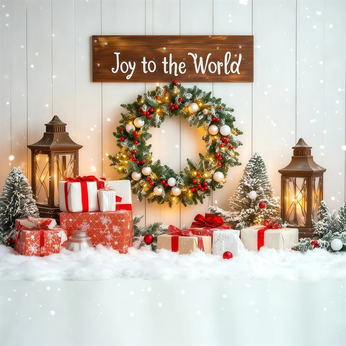 Christmas Wreath Backdrop Joy to the World Photography Christmas Backdrops UK RR69-103