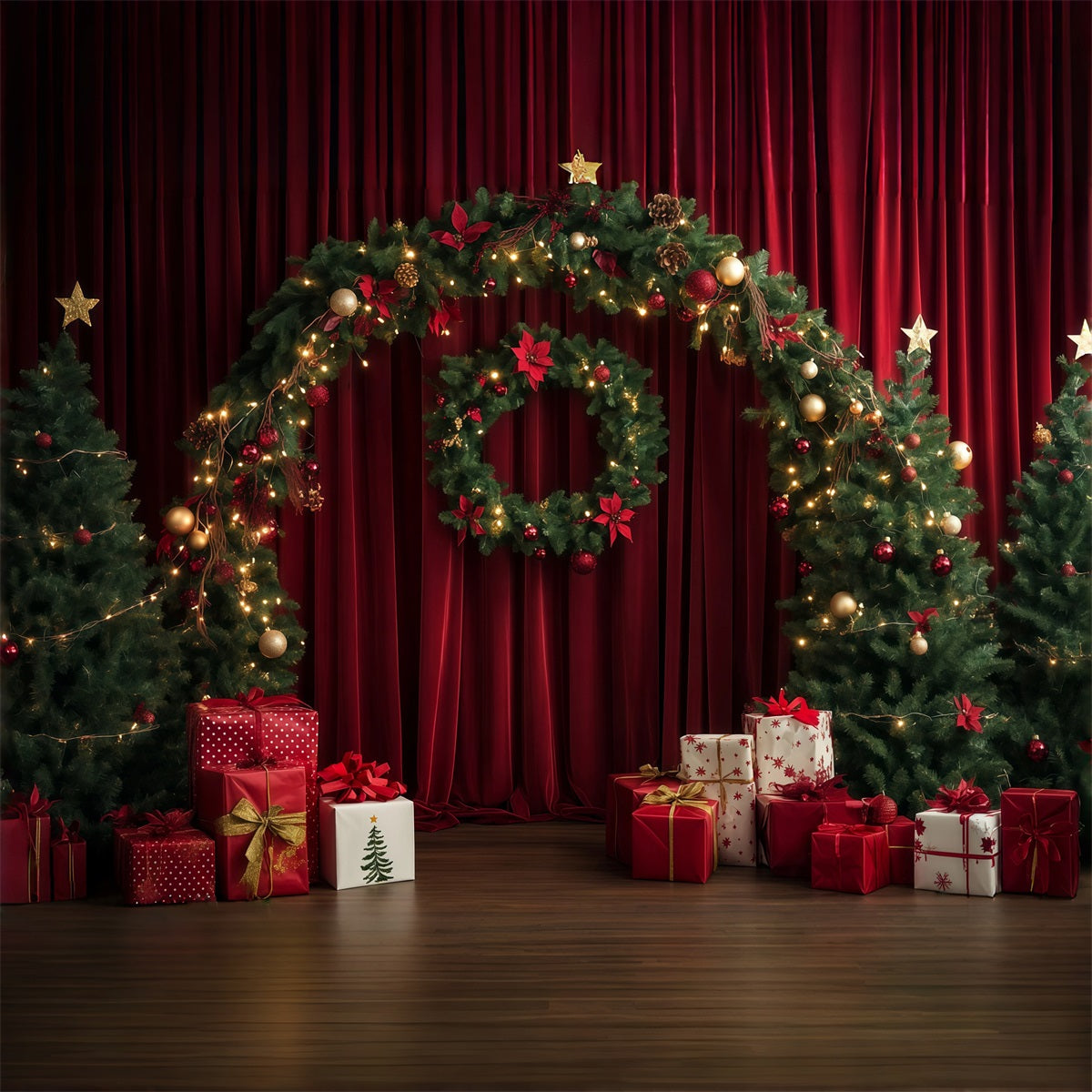 Red Christmas Backdrop Curtain Wreath Garland Arch Large Christmas Backdrop UK RR69-104