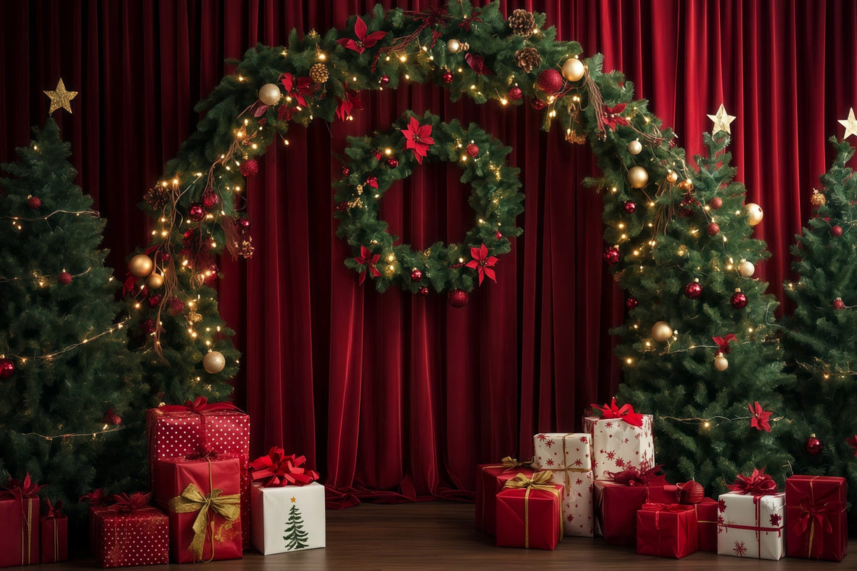 Red Christmas Backdrop Curtain Wreath Garland Arch Large Christmas Backdrop UK RR69-104