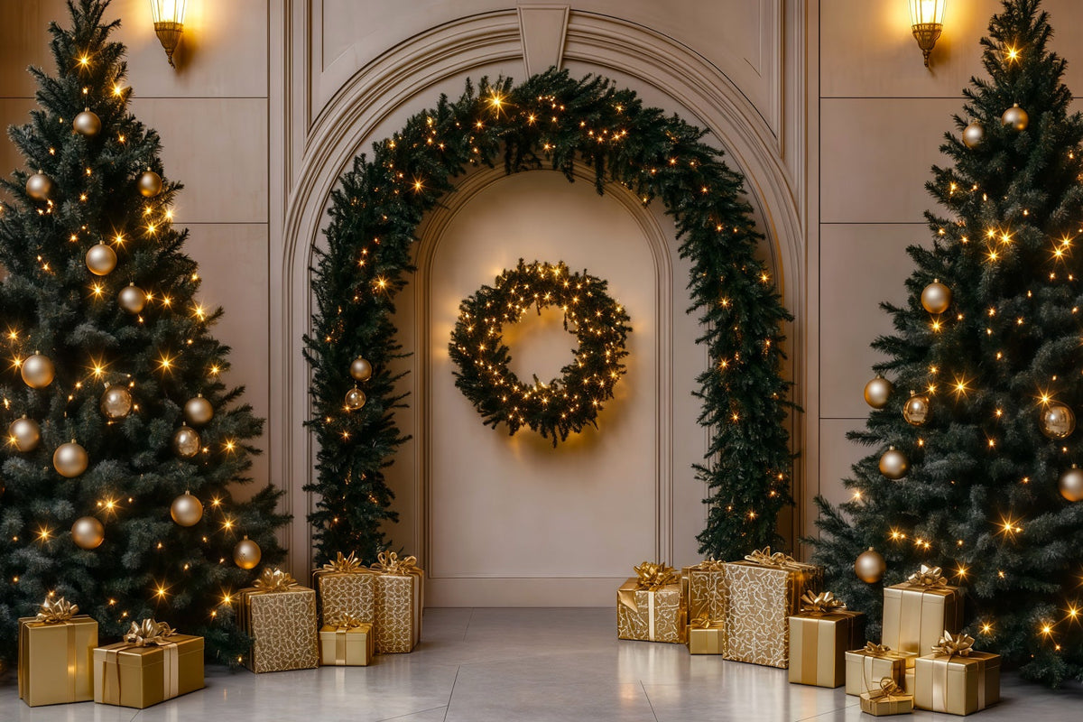 Christmas Ornament Backdrop Golden Arch Tree Gift Photography Backdrops Christmas UK RR69-107