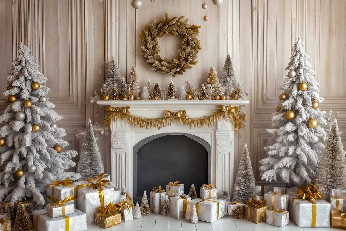 Fireplace Christmas Backdrop Retro Wall Golden Mantel Photo Backdrops Christmas UK RR69-108