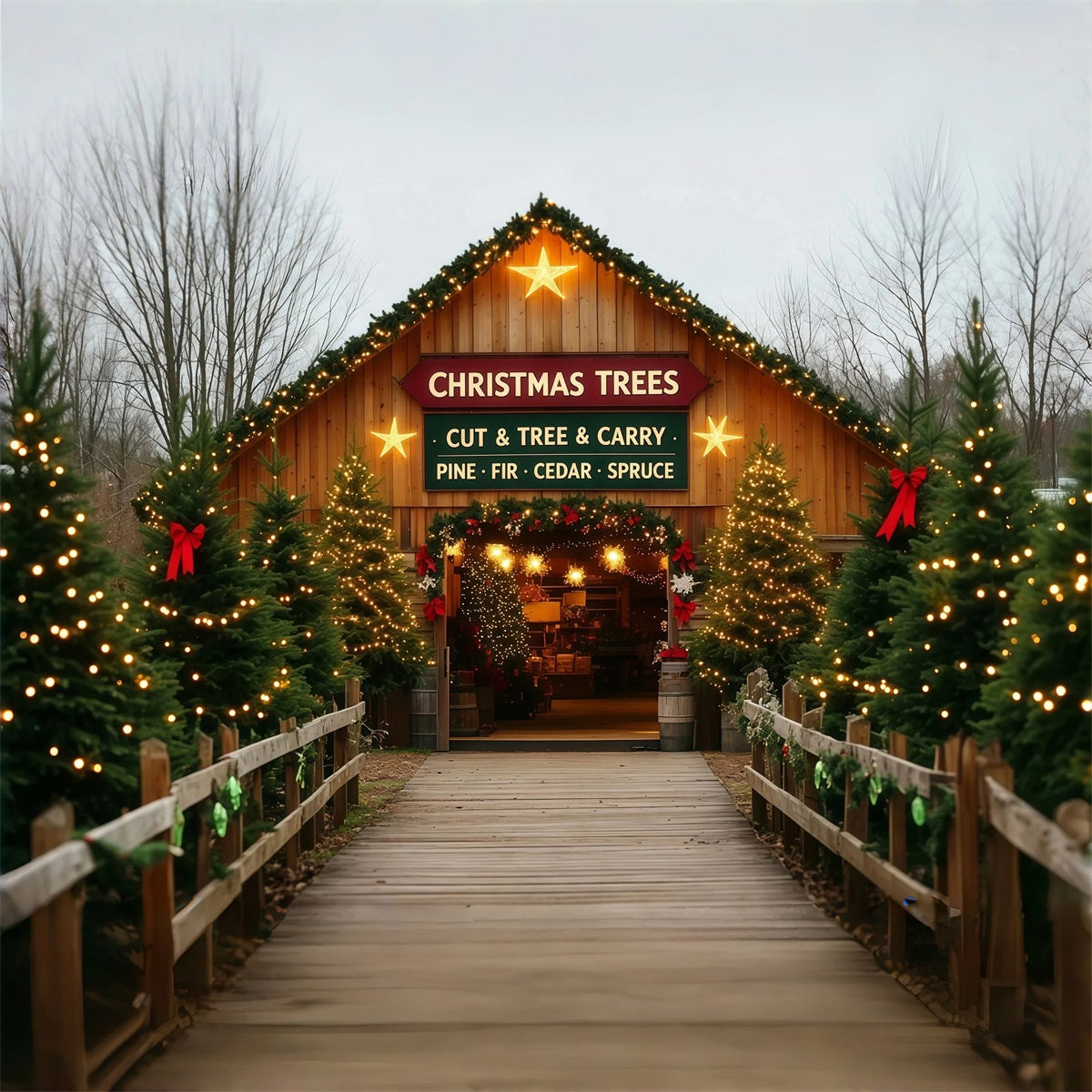 Christmas Tree Farm Backdrop Barn Door Entrance Christmas Wall Backdrops UK RR69-109