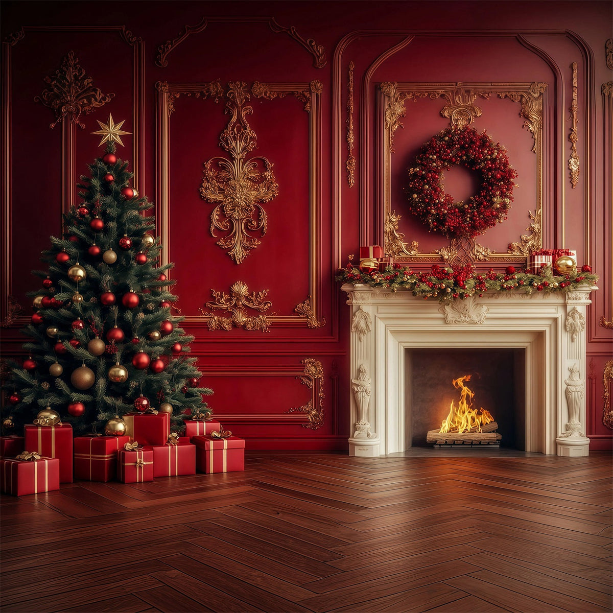 Christmas Fireplace Backdrop Vintage Crimson Mantel Wreath Backdrops Christmas UK RR69-11